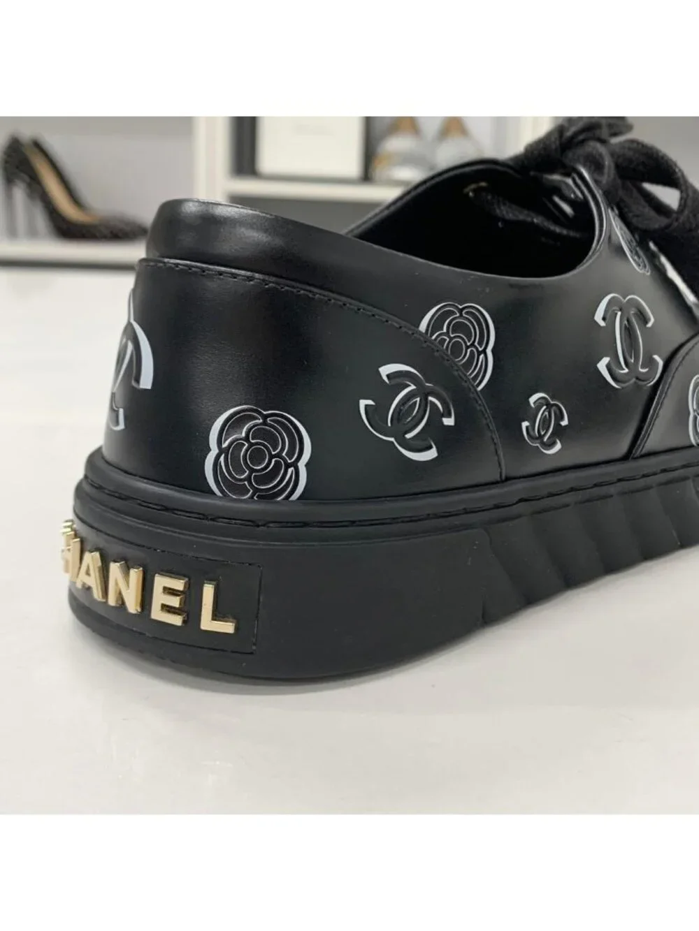 Chanel CC Logo Camellia Leather Fabric Sneakers Black